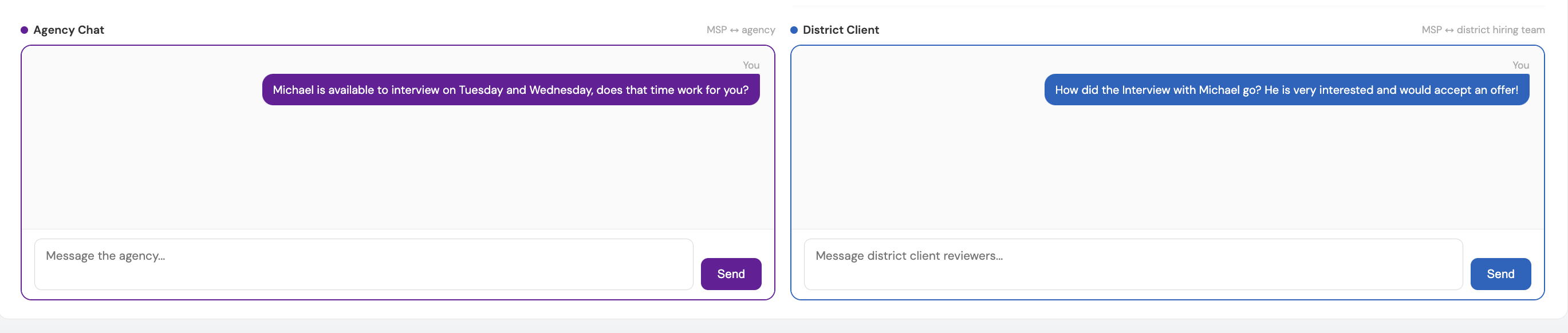 Two chat panels side by side: an MSP to agency conversation and an MSP to district hiring team conversation