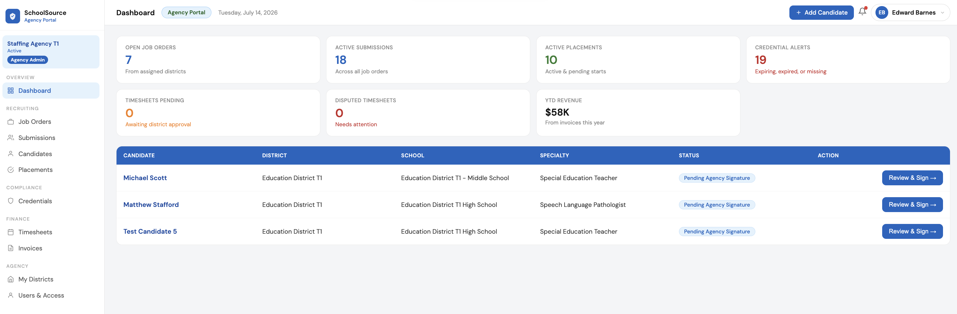 SchoolSource VMS dashboard showing open job orders, active submissions, active placements, and credential alerts